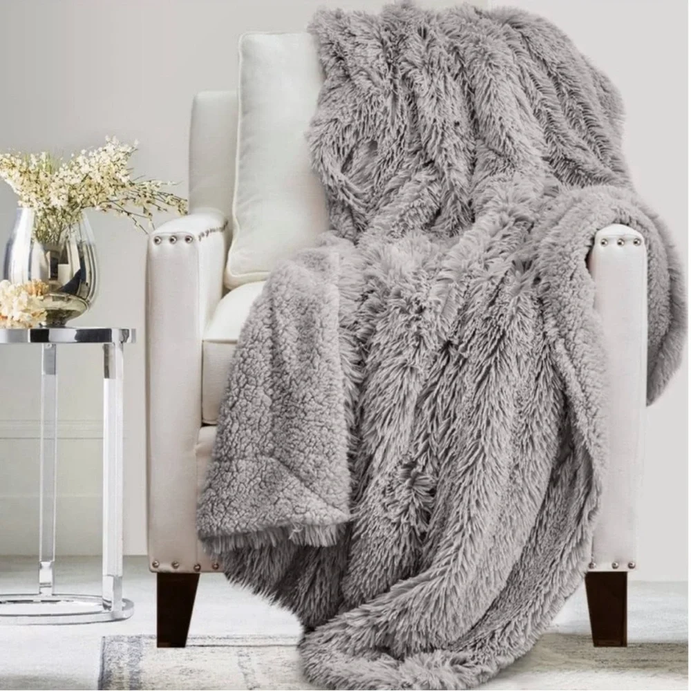 RESTORATION HARDWARE RH Brown Soft Fleece Faux Fur Reversible Cozy Blanket Throw